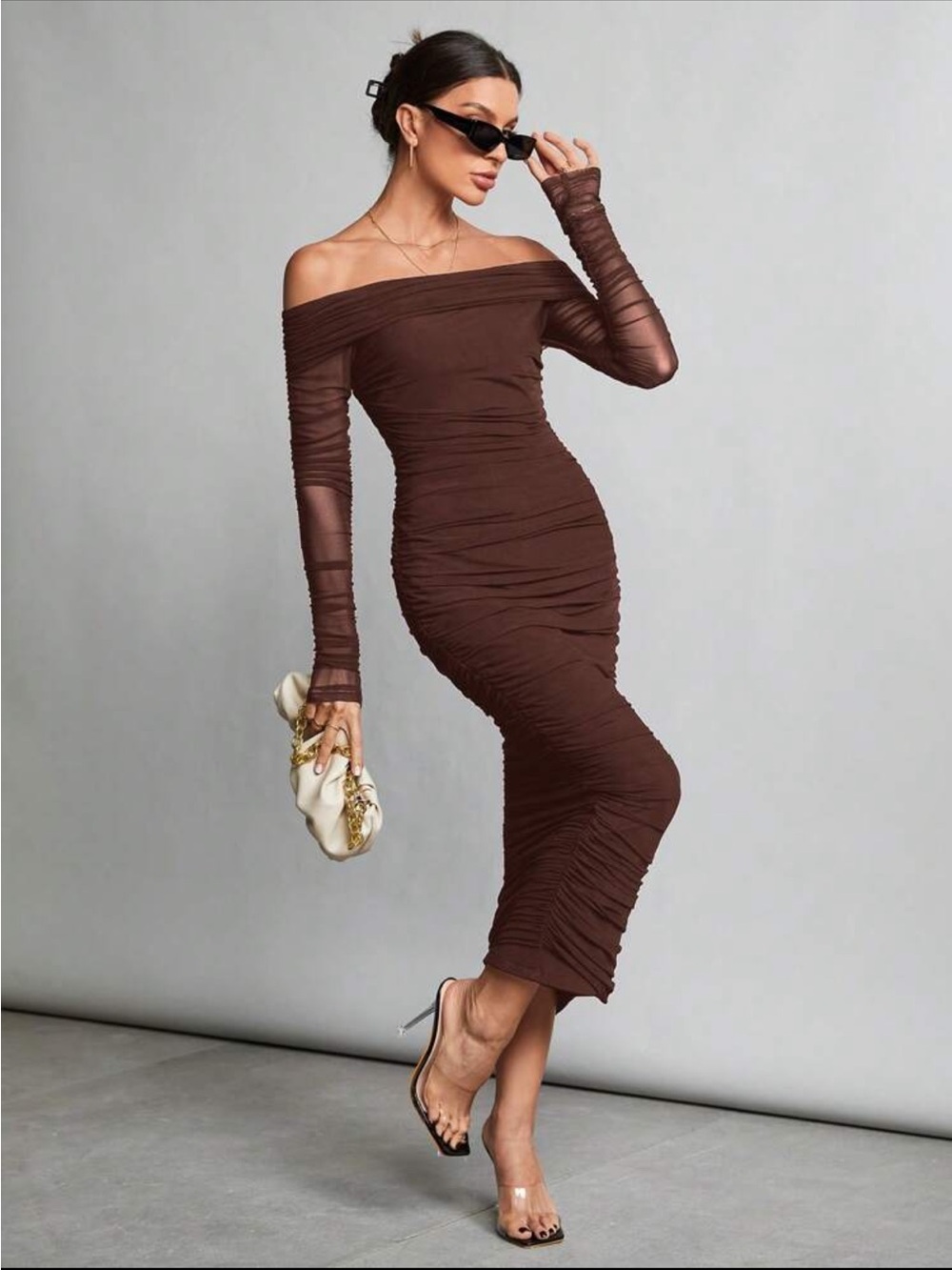 SHEIN Brown One-Shoulder Ruched Midi Dress